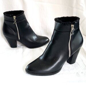 PARKER & SKY 8.5 womens Block Heel Faux leather Fur trim Black Zip Ankle Boots
